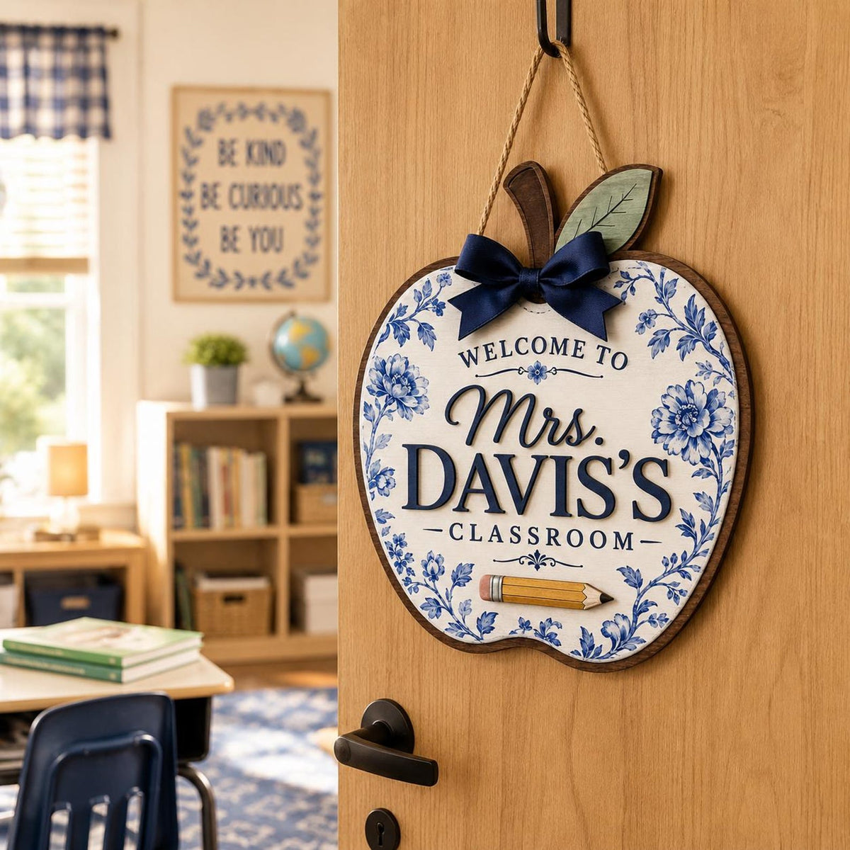 Personalized Teacher Door Sign, 3 Layers Apple Name Sign, Blue Floral Classroom Decor, Back to School Welcome Hanger, Custom Teacher Gift