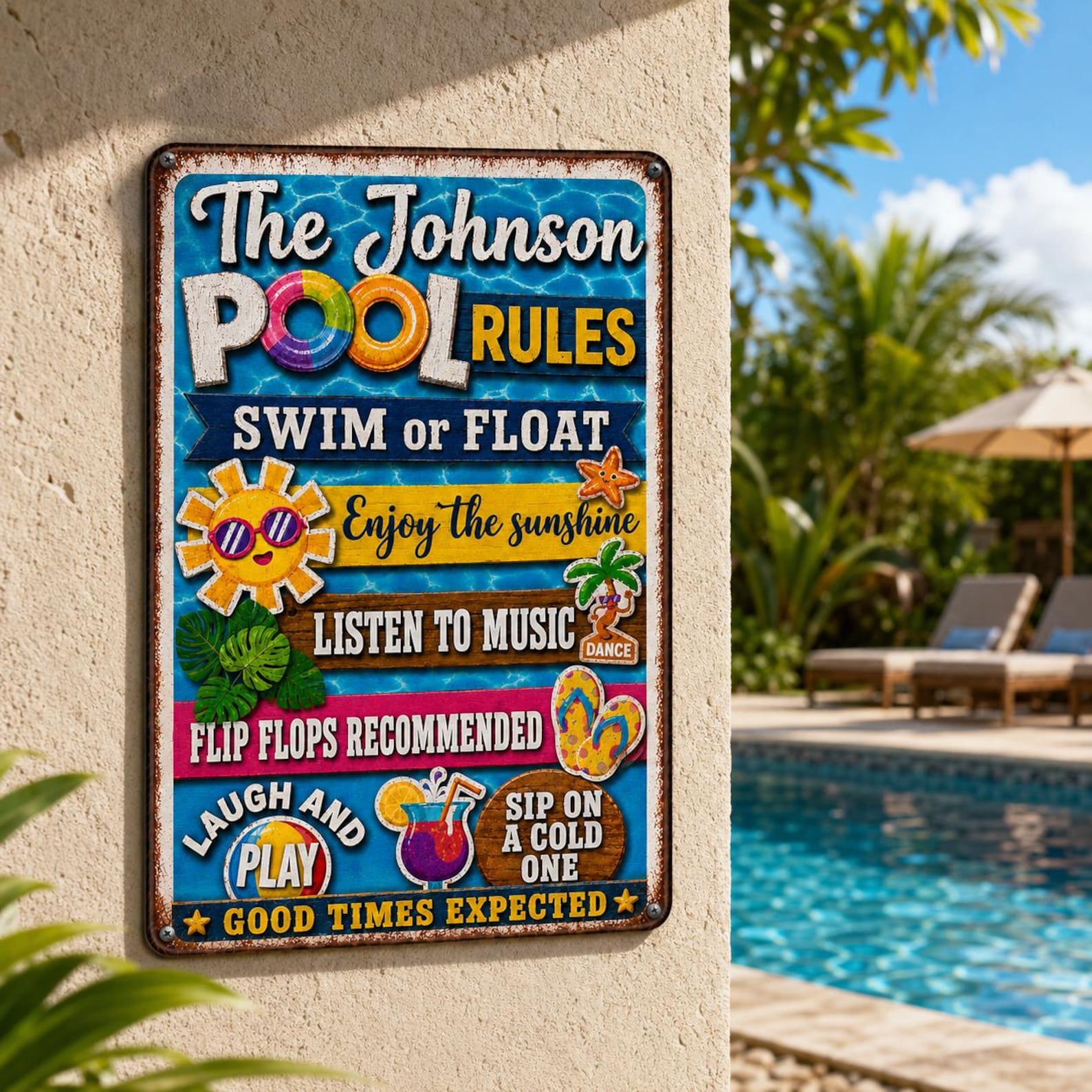 Personalized Funny Pool Rules Metal Sign, Custom Family Name Decor, Summer Beach House Sign