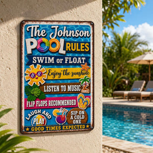 Personalized Funny Pool Rules Metal Sign, Custom Family Name Decor, Summer Beach House Sign