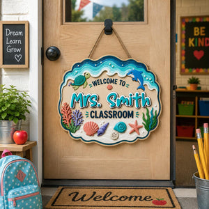 Personalized Ocean Teacher 3 Layers Wooden Sign, Sea Turtle Classroom Door Hanger, Teacher Appreciation Gifts, Back to School Decor, New Teacher Gift