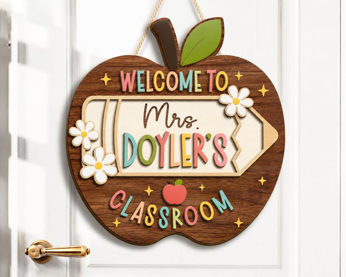 Personalized Apple Teacher Name Door Sign, 3D Welcome Door Hanger, Back to School Classroom Decor, Teacher Appreciation Gifts, Teacher Gift