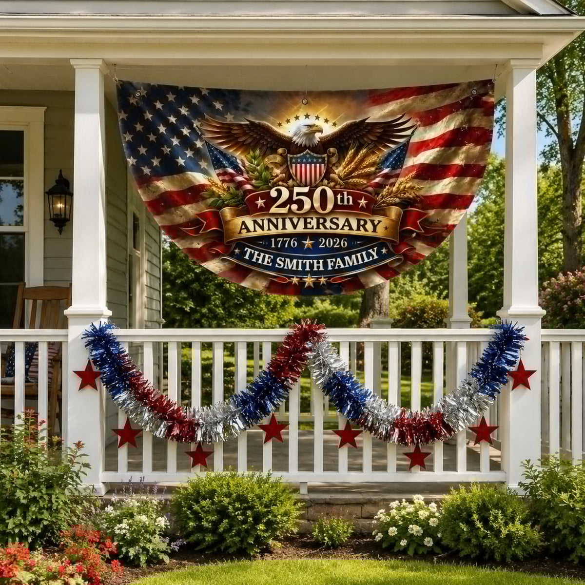 Personalized 250th Anniversary USA Fan Flag, Custom Family Name Patriotic Bunting