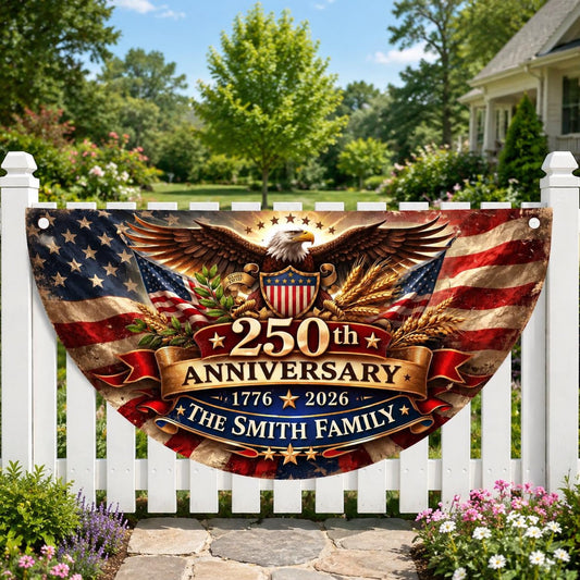 Personalized 250th Anniversary USA Fan Flag, Custom Family Name Patriotic Bunting