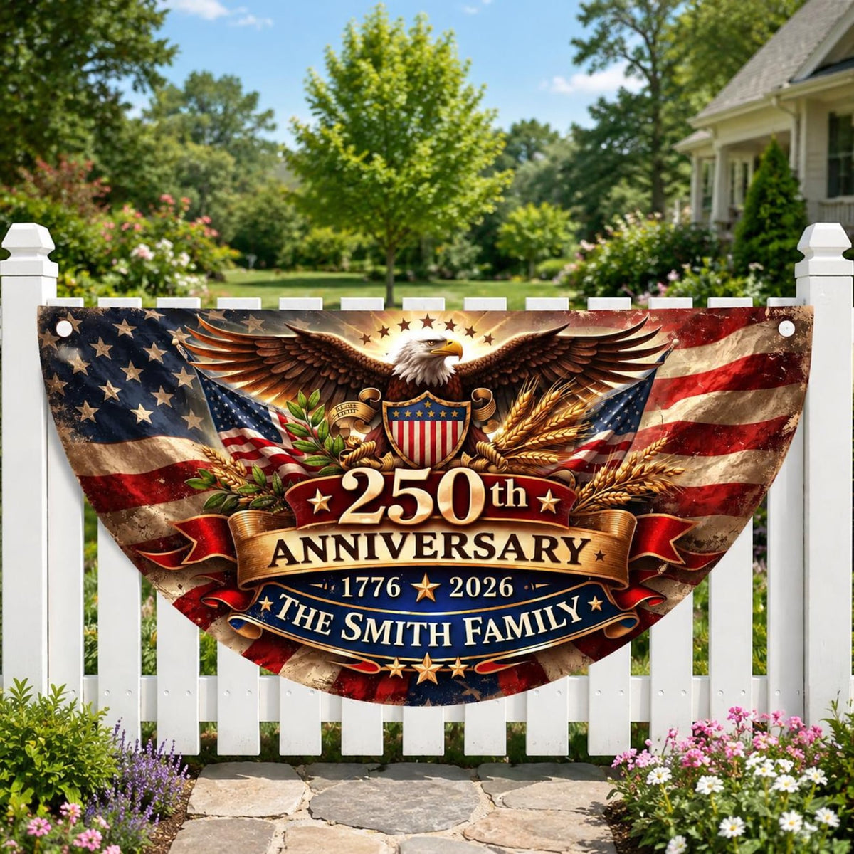 Personalized 250th Anniversary USA Fan Flag, Custom Family Name Patriotic Bunting