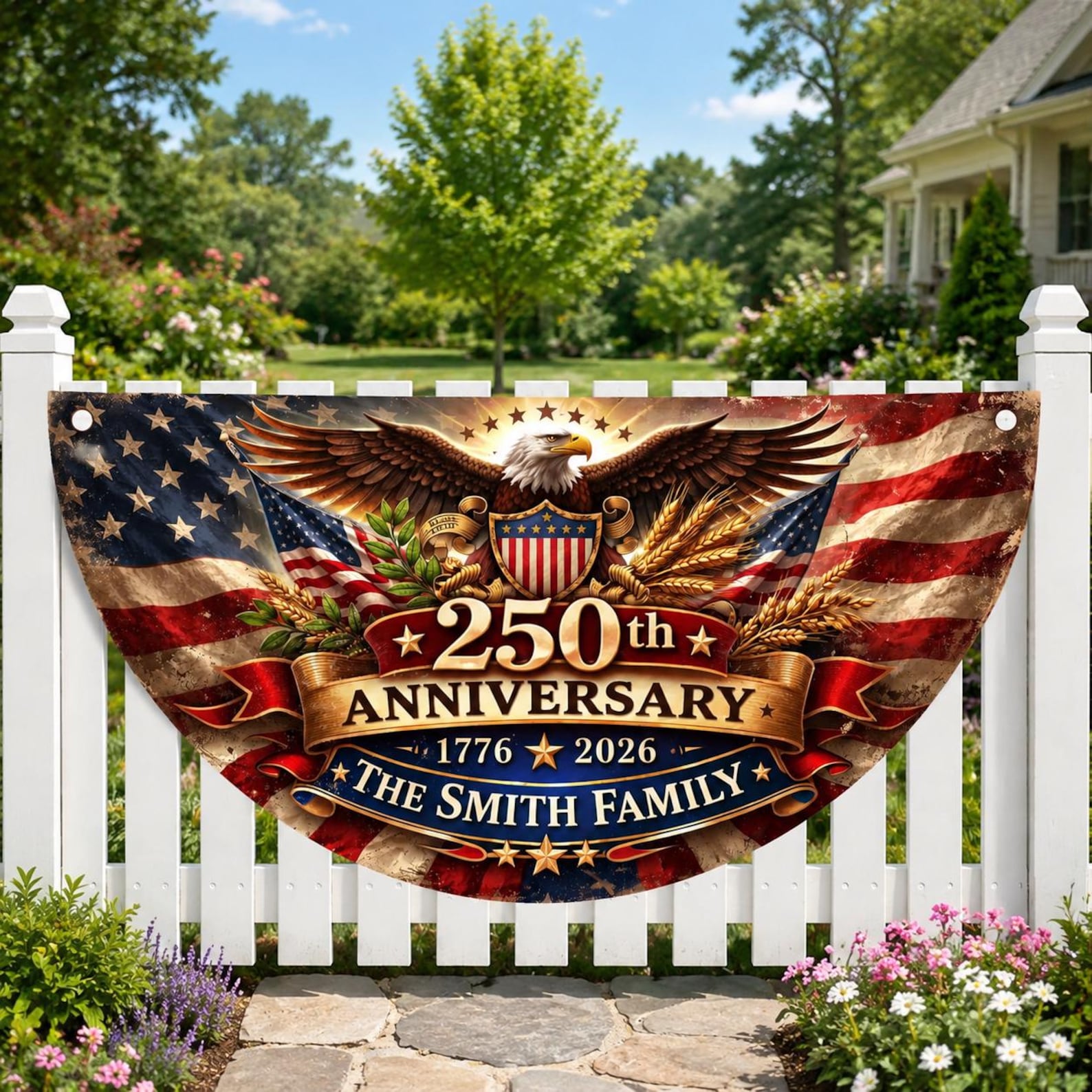 Personalized 250th Anniversary USA Fan Flag, Custom Family Name Patriotic Bunting