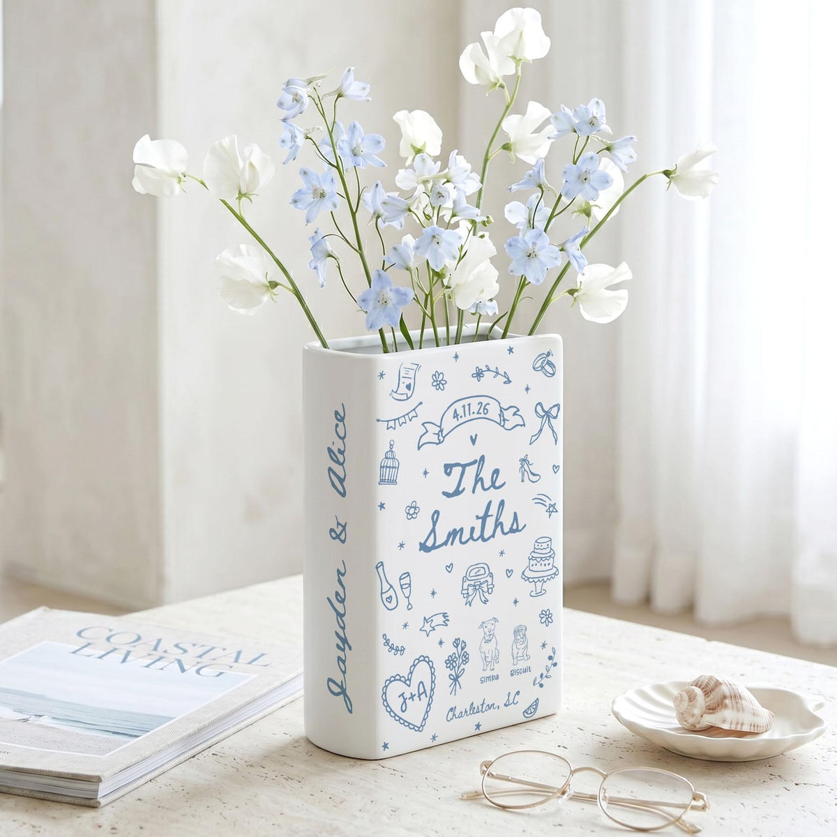 Custom Wedding Gift,Personalized Engagement Flower Vase with Names,Date&Location,Ceramic Flower Book Vase for Bride,Couple Gift,Newedly Gift