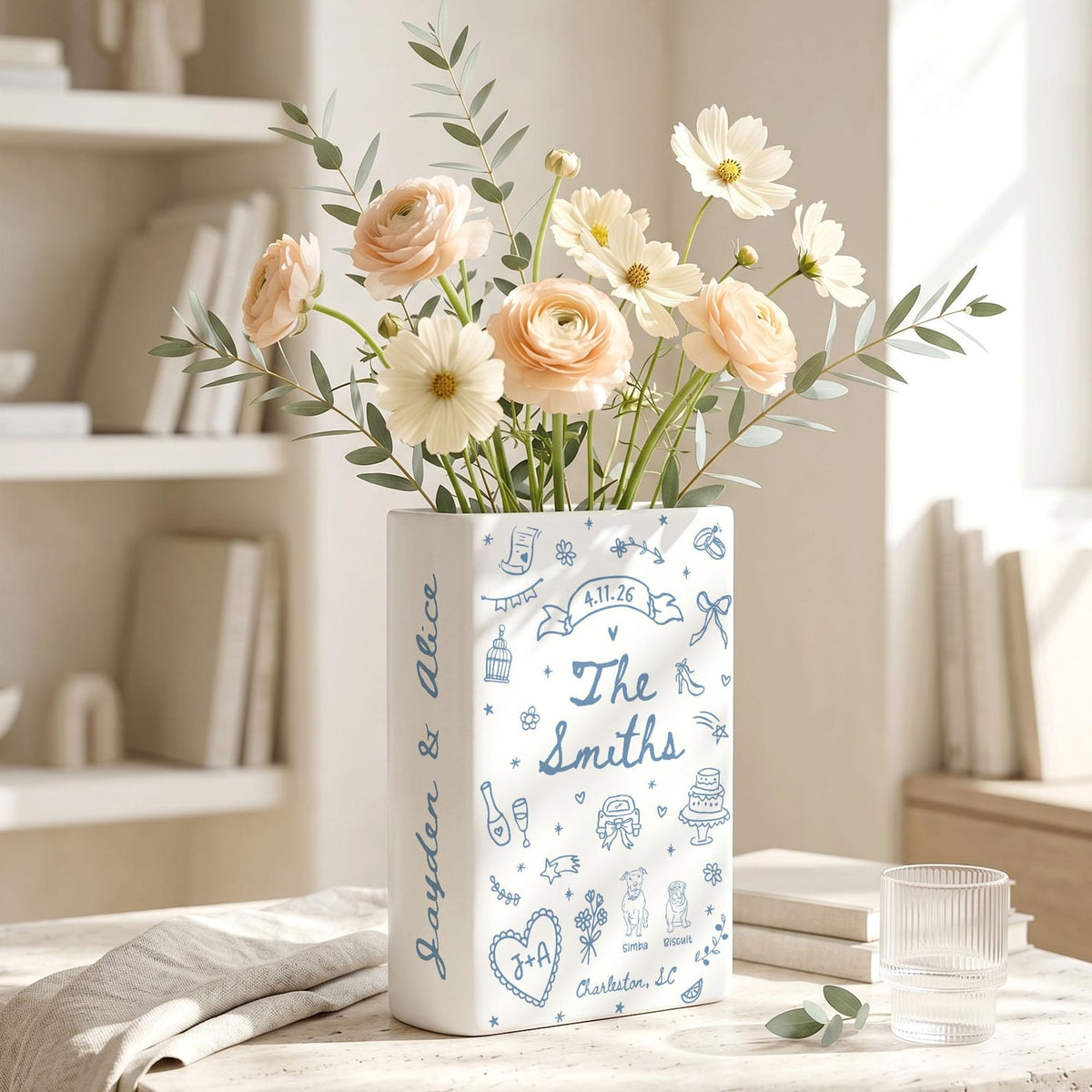 Custom Wedding Gift,Personalized Engagement Flower Vase with Names,Date&Location,Ceramic Flower Book Vase for Bride,Couple Gift,Newedly Gift