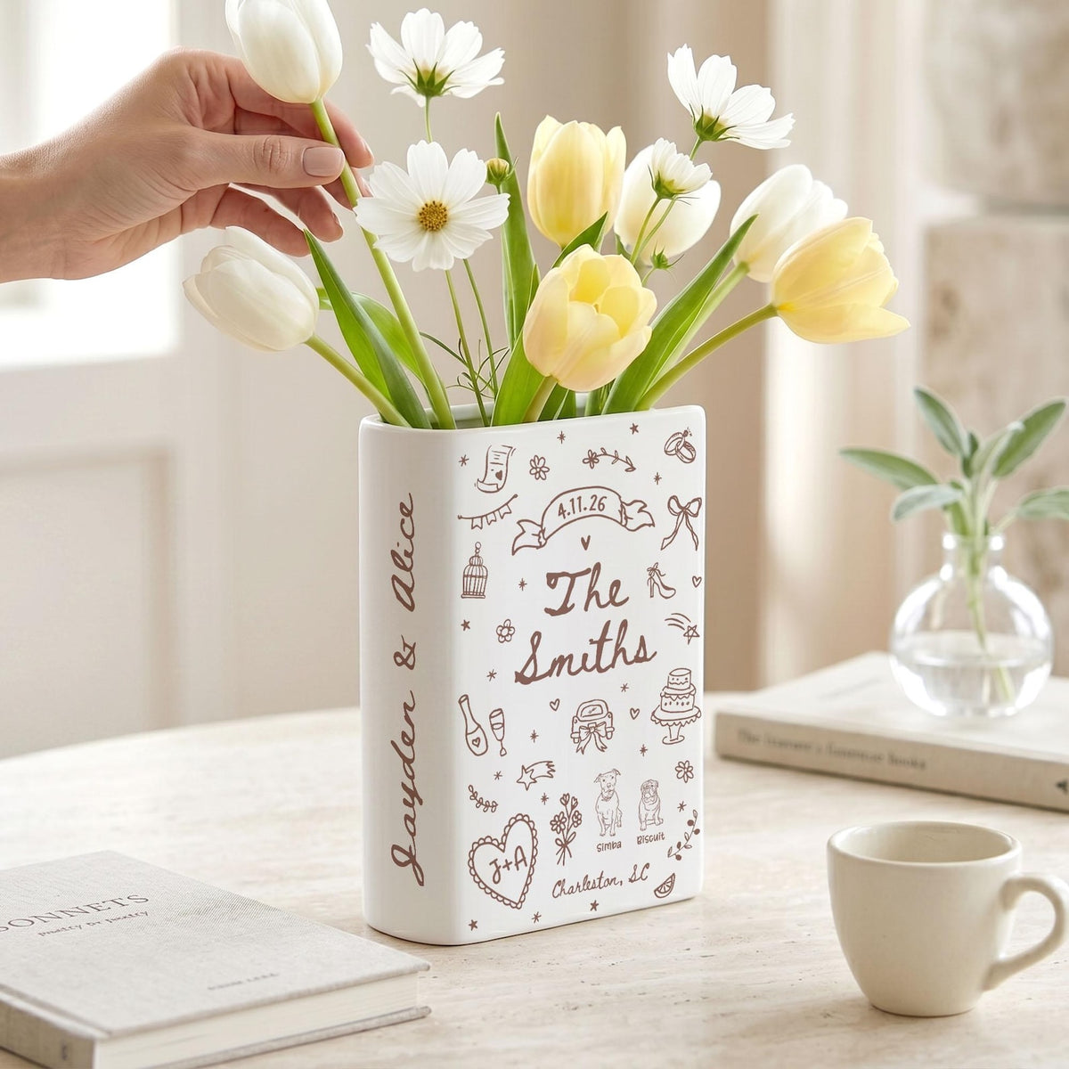Custom Wedding Gift,Personalized Engagement Flower Vase with Names,Date&Location,Ceramic Flower Book Vase for Bride,Couple Gift,Newedly Gift