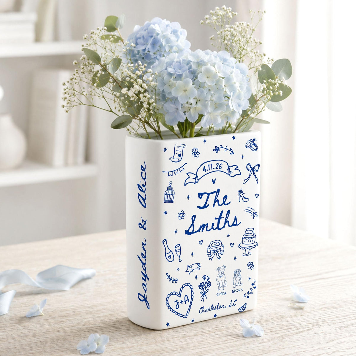 Custom Wedding Gift,Personalized Engagement Flower Vase with Names,Date&Location,Ceramic Flower Book Vase for Bride,Couple Gift,Newedly Gift