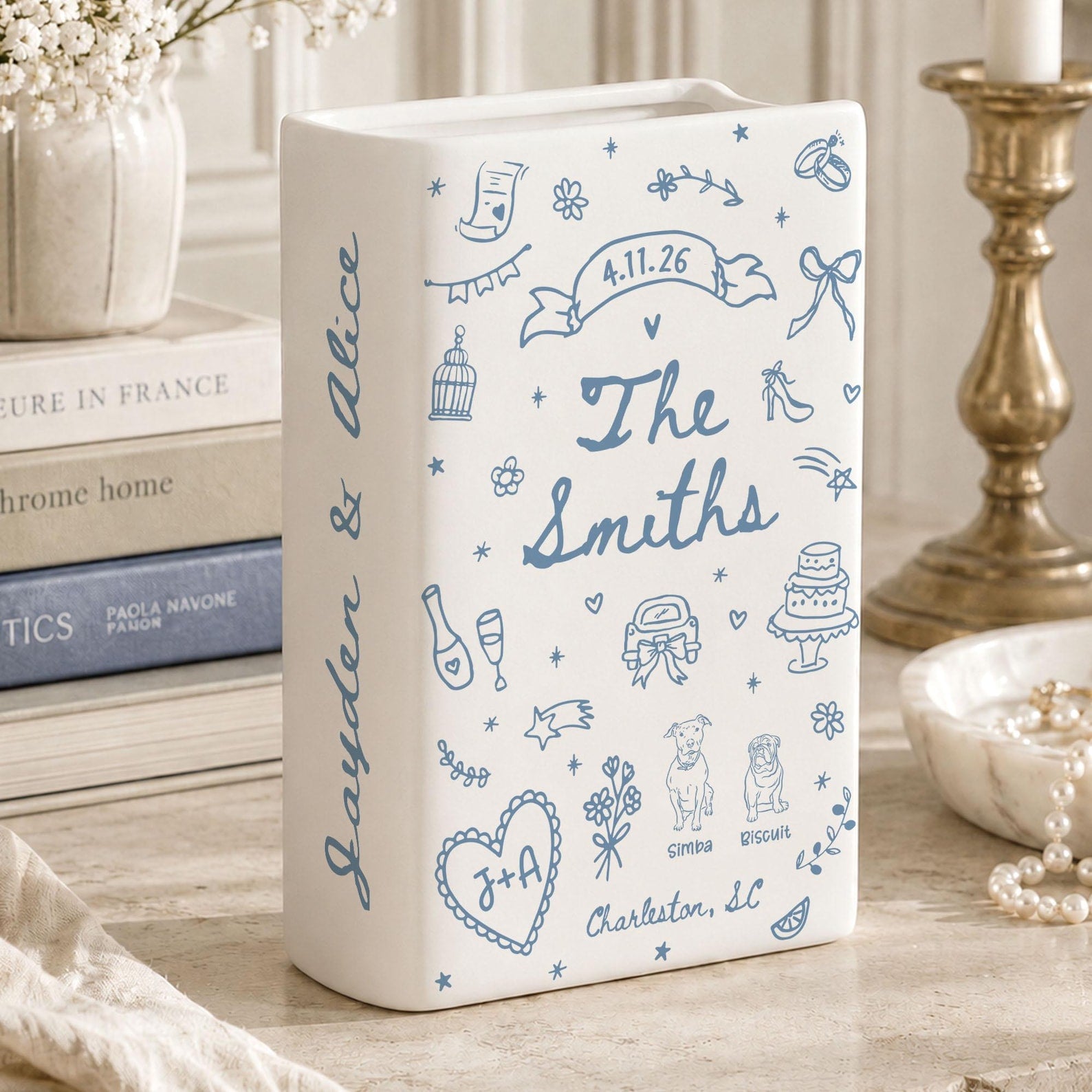 Custom Wedding Gift,Personalized Engagement Flower Vase with Names,Date&Location,Ceramic Flower Book Vase for Bride,Couple Gift,Newedly Gift