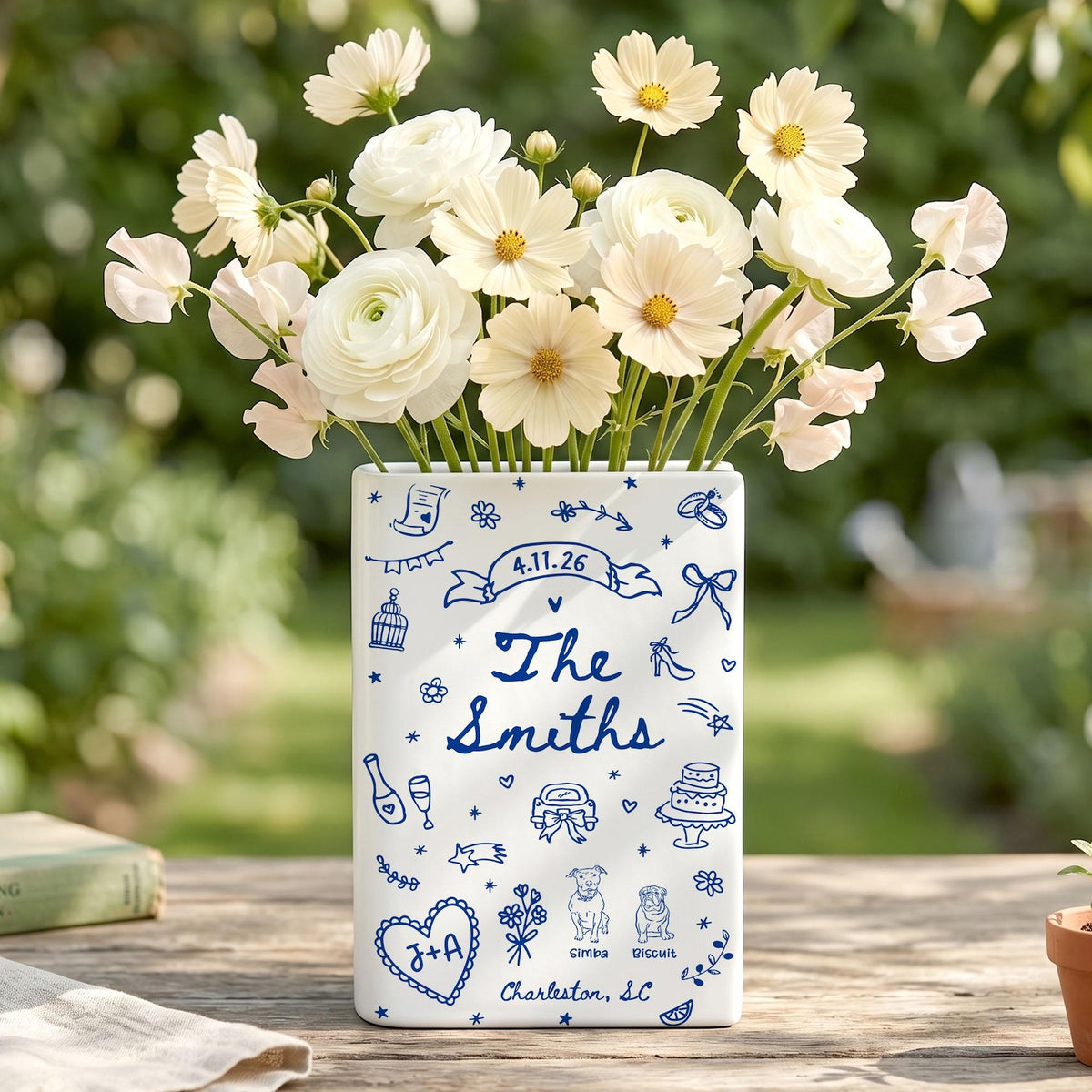 Custom Wedding Gift,Personalized Engagement Flower Vase with Names,Date&Location,Ceramic Flower Book Vase for Bride,Couple Gift,Newedly Gift