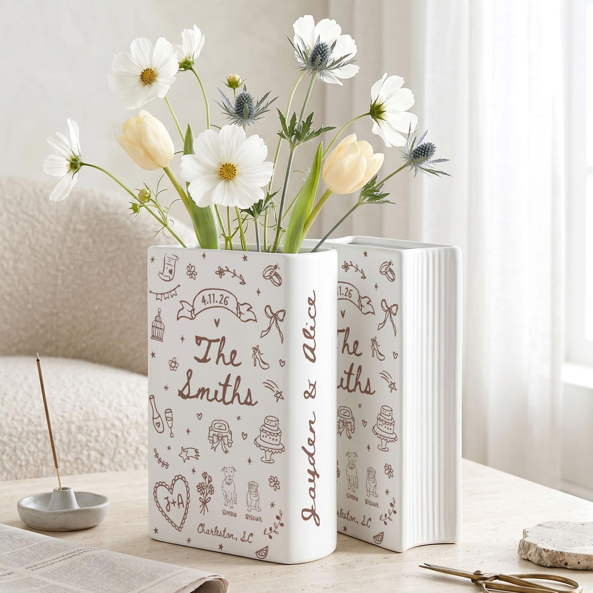 Custom Wedding Gift,Personalized Engagement Flower Vase with Names,Date&Location,Ceramic Flower Book Vase for Bride,Couple Gift,Newedly Gift