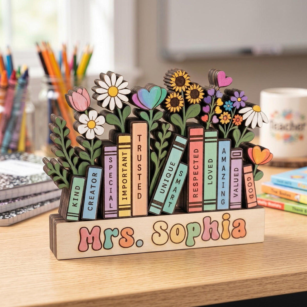 Personalized Teacher Name Wooden Plaque, Custom Book Floral Desk Sign, Teacher Appreciation Gift, Back to School Counselor Gift
