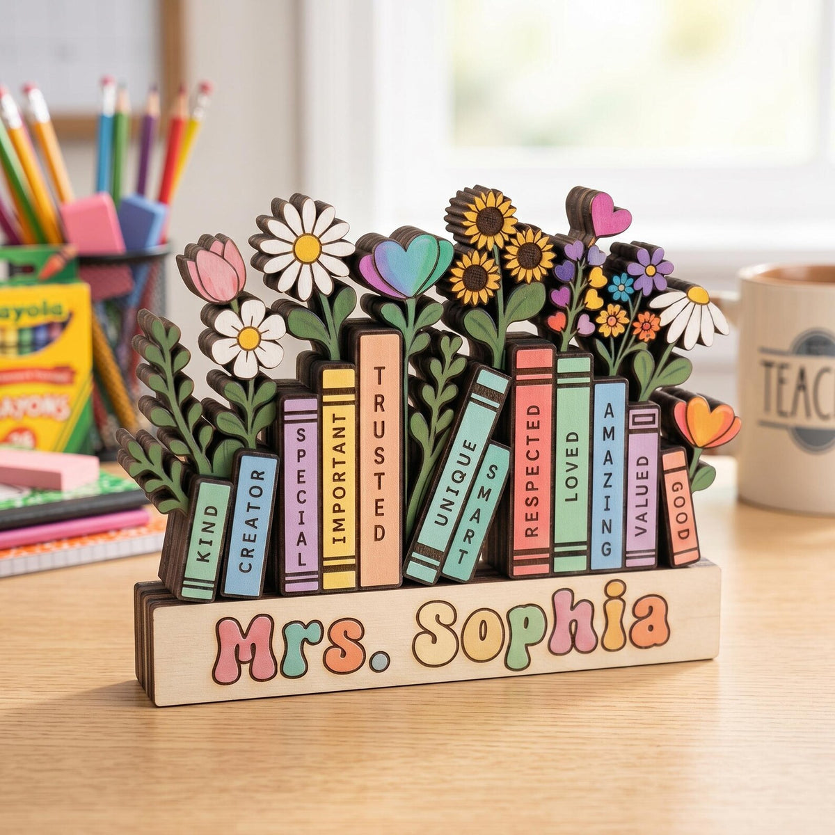Personalized Teacher Name Wooden Plaque, Custom Book Floral Desk Sign, Teacher Appreciation Gift, Back to School Counselor Gift