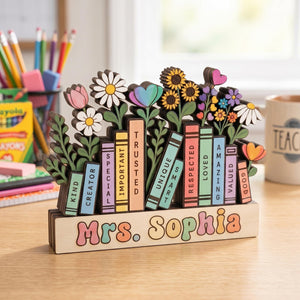 Personalized Teacher Name Wooden Plaque, Custom Book Floral Desk Sign, Teacher Appreciation Gift, Back to School Counselor Gift