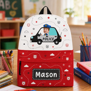 Personalized Kids Backpack with Photo and Name, Custom Police Car School Bag, Preschool Backpack, Back to School Gift for Boys and Girls