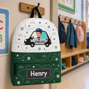 Personalized Kids Backpack with Photo and Name, Custom Police Car School Bag, Preschool Backpack, Back to School Gift for Boys and Girls