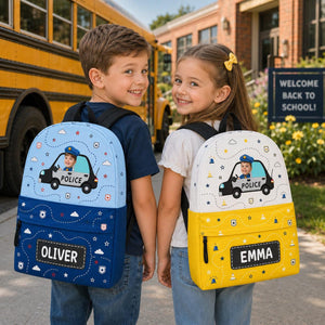 Personalized Kids Backpack with Photo and Name, Custom Police Car School Bag, Preschool Backpack, Back to School Gift for Boys and Girls