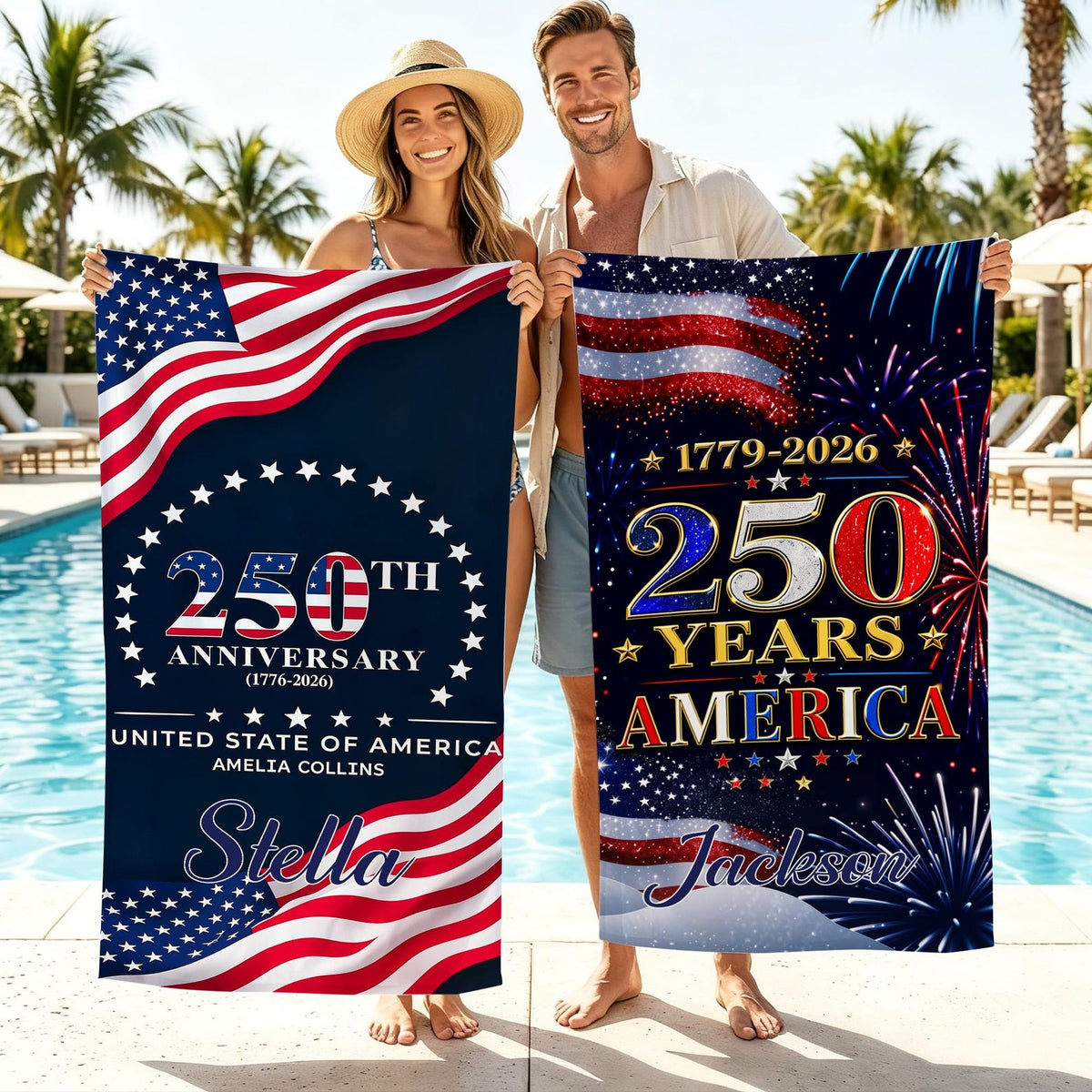 Custom USA 250th Anniversary Beach Towel,Personalized America 1776-2026 Towel,Family Name Patriotic Pool Towel,Independence Day Summer Gift