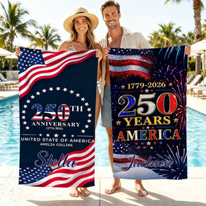 Custom USA 250th Anniversary Beach Towel,Personalized America 1776-2026 Towel,Family Name Patriotic Pool Towel,Independence Day Summer Gift