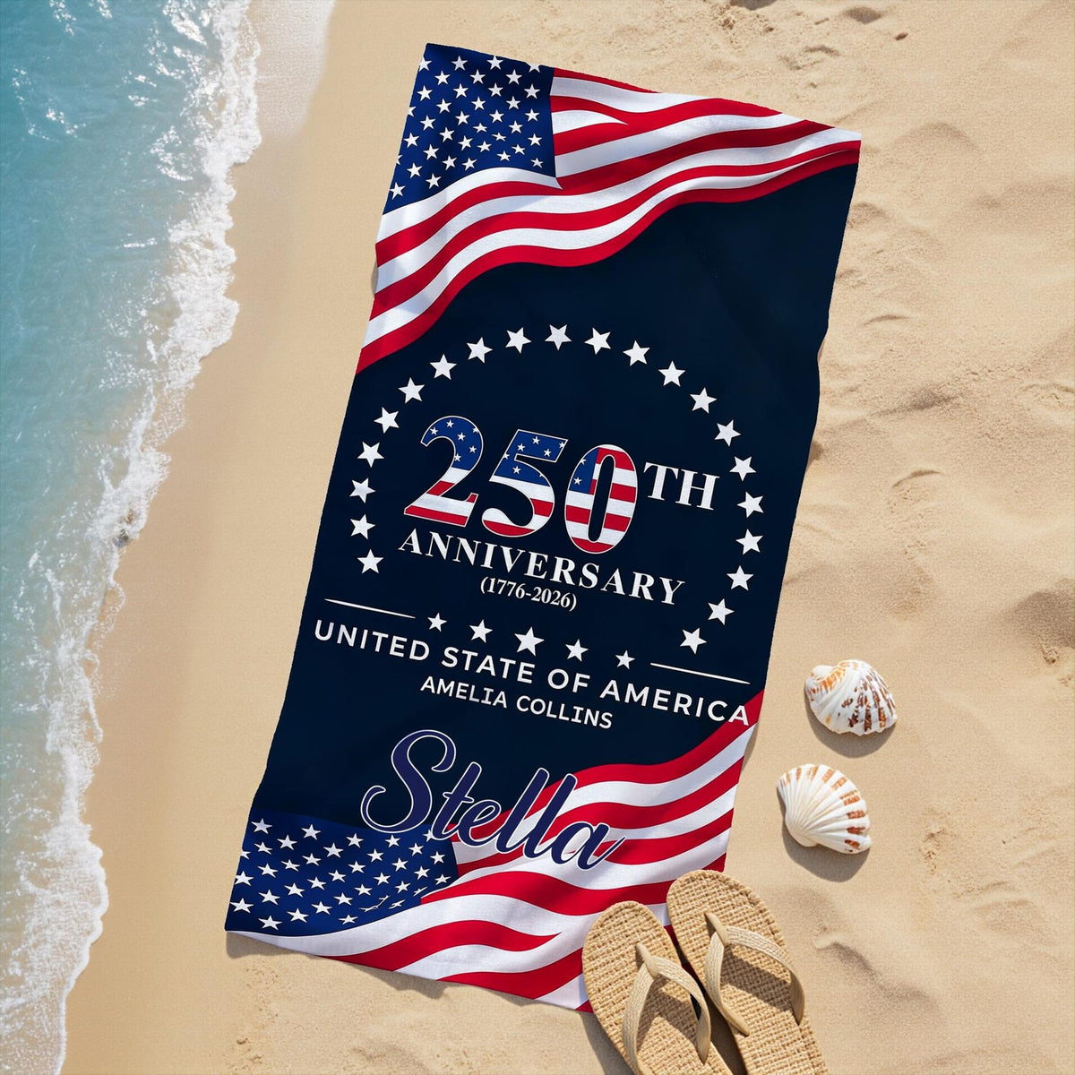 Custom USA 250th Anniversary Beach Towel,Personalized America 1776-2026 Towel,Family Name Patriotic Pool Towel,Independence Day Summer Gift