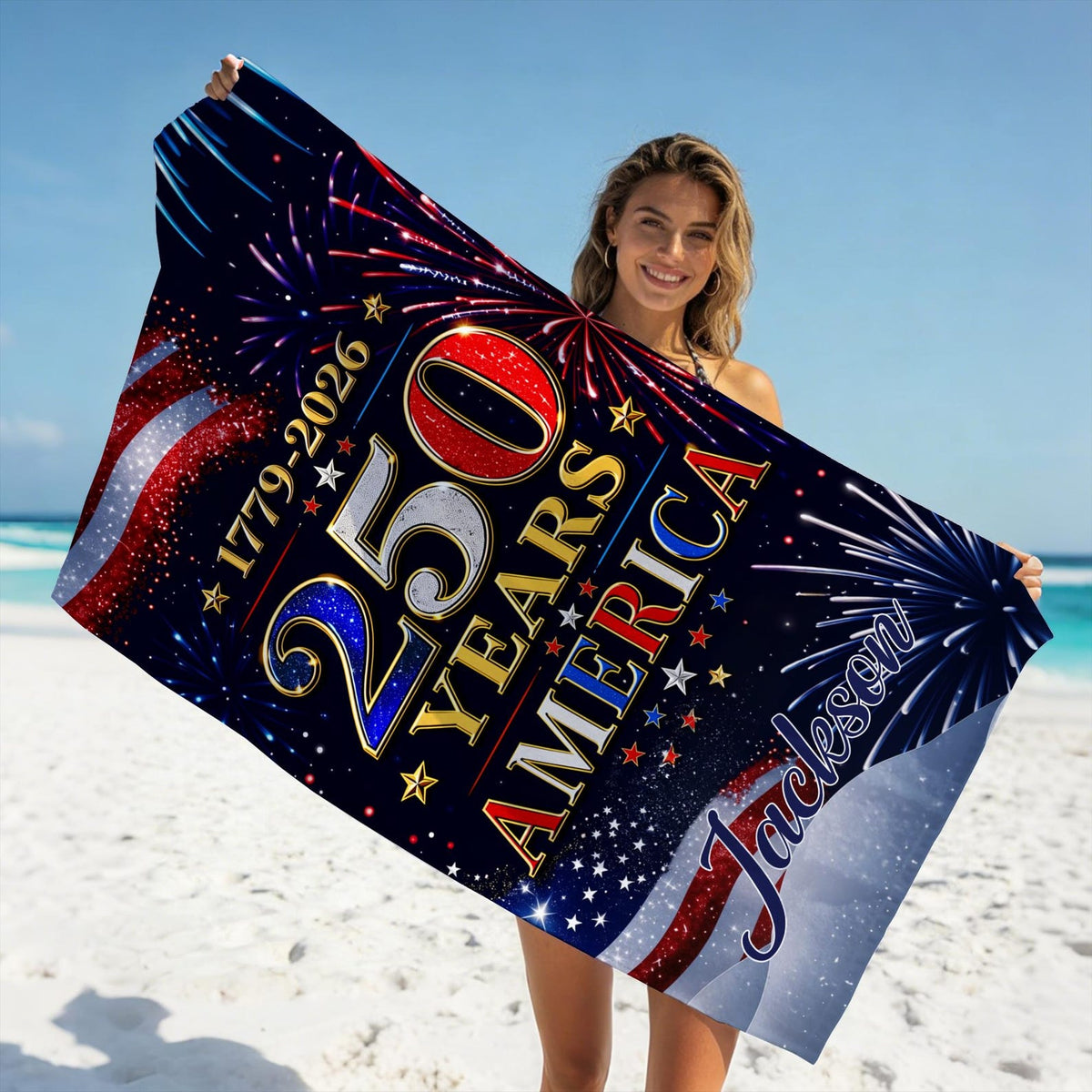 Custom USA 250th Anniversary Beach Towel,Personalized America 1776-2026 Towel,Family Name Patriotic Pool Towel,Independence Day Summer Gift