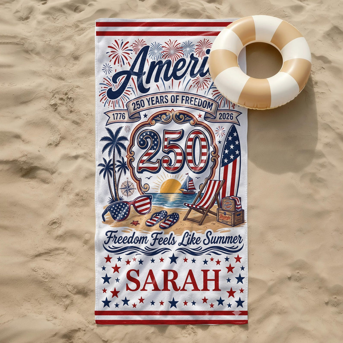 Personalized America 250th Beach Towel, USA 250 Years of Freedom Summer Towel, Patriotic 4th of July Gift, Custom Name Towel Stars Stripes