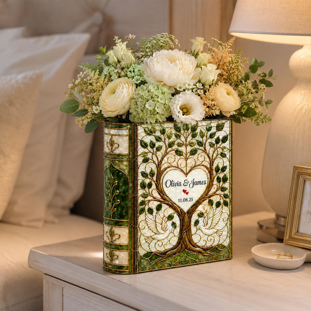 Personalized Stained Glass Effect Wedding Tree Book Vase,Custom Couple Vase, Bridal Shower Gift, Anniversary Keepsake, Wedding Gift for Bride Groom