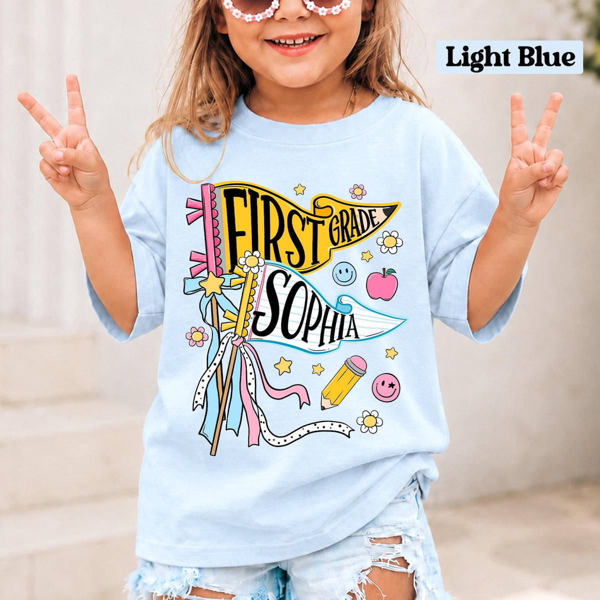 Personalized Pencil Back To School Kids Shirt, Custom Pennant Kids Girl Shirt, Custom Any Grade Shirt, School Toddler Shirt