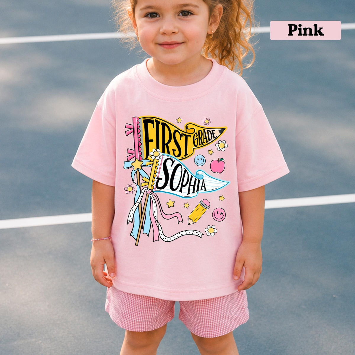 Personalized Pencil Back To School Kids Shirt, Custom Pennant Kids Girl Shirt, Custom Any Grade Shirt, School Toddler Shirt