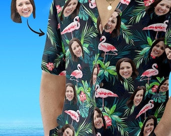 Men's All Over Print Hawaiian Shirt with Face, Custom photo Flamingo Shirts, Bachelor Party Shirts, Anniversary /Birthday/Vacation Gift