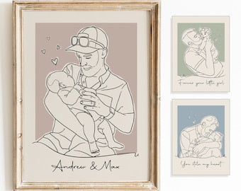 Personalised Gift for New Parents, Happy First Fathers Day Custom Dad and Daughter Line Art Portrait from Photo, Dad & Baby Art, Personalised Family gift for Dad