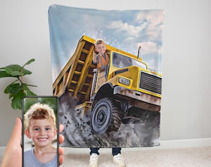Personalized Kid Backhoe Truck Blanket, Velveteen Plush, Custom Construction Vehicle Gift, Backhoe Birthday, Personalized Blanket for Kids