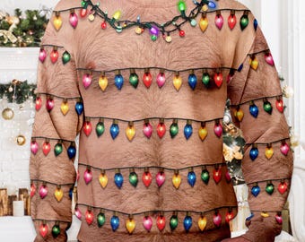 Hairy Chest Tattoos Bulbs Ugly Sweater Novelty Party Christmas Ugly Sweater, Ugly Sweatshirt, Christmas Gifts, Year End Party Ugly Sweater