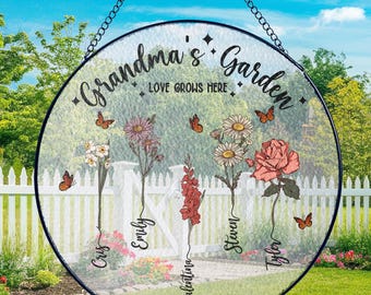 Grandma Gift, Custom Birth Month Flowers Suncatcher, Personalized Grandmas Garden Stained Glass, Birth Month Flowers Gift, Mothers Day Gift