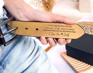 Think Of Me Pants Off Engraved Leather Belt, Personalized Valentine Gift For Him, Funny Hidden Message Belt, Boyfriend Husband Gift For Men