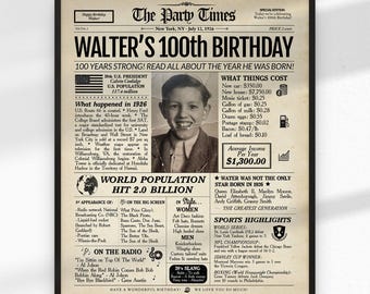 100th Birthday newspaper poster, Custom Poster Canvas 100th birthday party decor, Birthday poster containing news & highlights from 1926