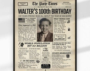 100th Birthday newspaper poster, Custom Poster Canvas 100th birthday party decor, Birthday poster containing news & highlights from 1926