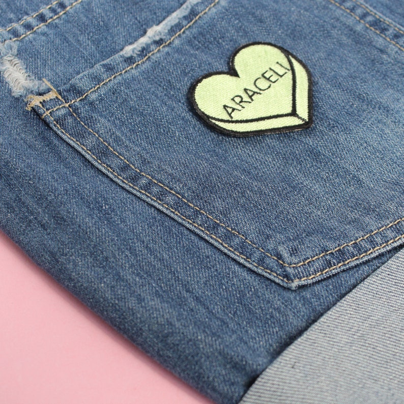 Personalized Name, Word or Date Iron on Patch for Hats, Purses, Backpacks, etc. Candy Heart Sew on Badge. Custom Embroidery. Cute Gift Idea il_794xN.2779149159_hyri.jpg