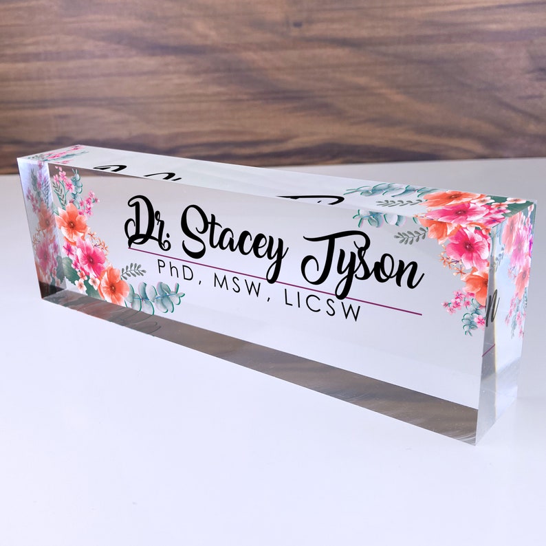 Office Desk Name Plate Personalized | Custom Name Plates for Desks | Flowers Designs On Clear Acrylic Glass | Office Desk Decor