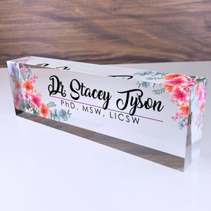 Office Desk Name Plate Personalized | Custom Name Plates for Desks | Flowers Designs On Clear Acrylic Glass | Office Desk Decor