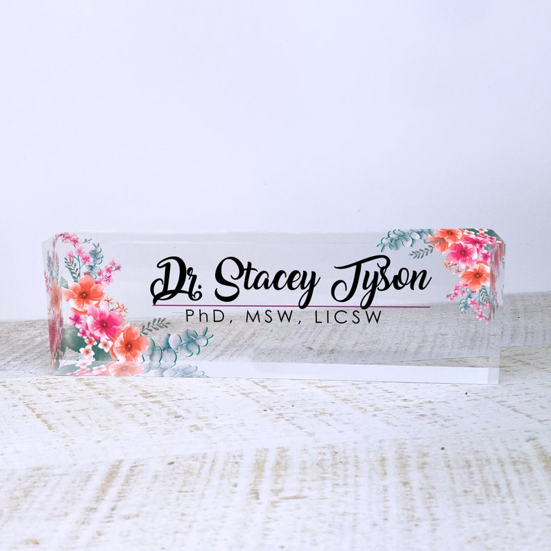 Office Desk Name Plate Personalized | Custom Name Plates for Desks | Flowers Designs On Clear Acrylic Glass | Office Desk Decor