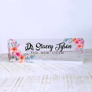 Office Desk Name Plate Personalized | Custom Name Plates for Desks | Flowers Designs On Clear Acrylic Glass | Office Desk Decor