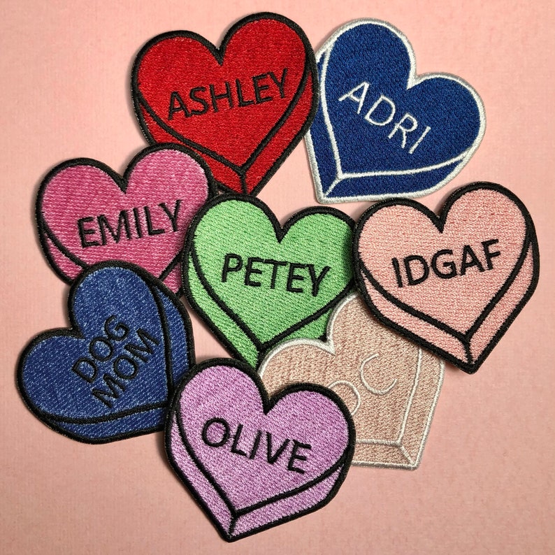 Personalized Name, Word or Date Iron on Patch for Hats, Purses, Backpacks, etc. Candy Heart Sew on Badge. Custom Embroidery. Cute Gift Idea il_794xN.2843782232_2deo.jpg