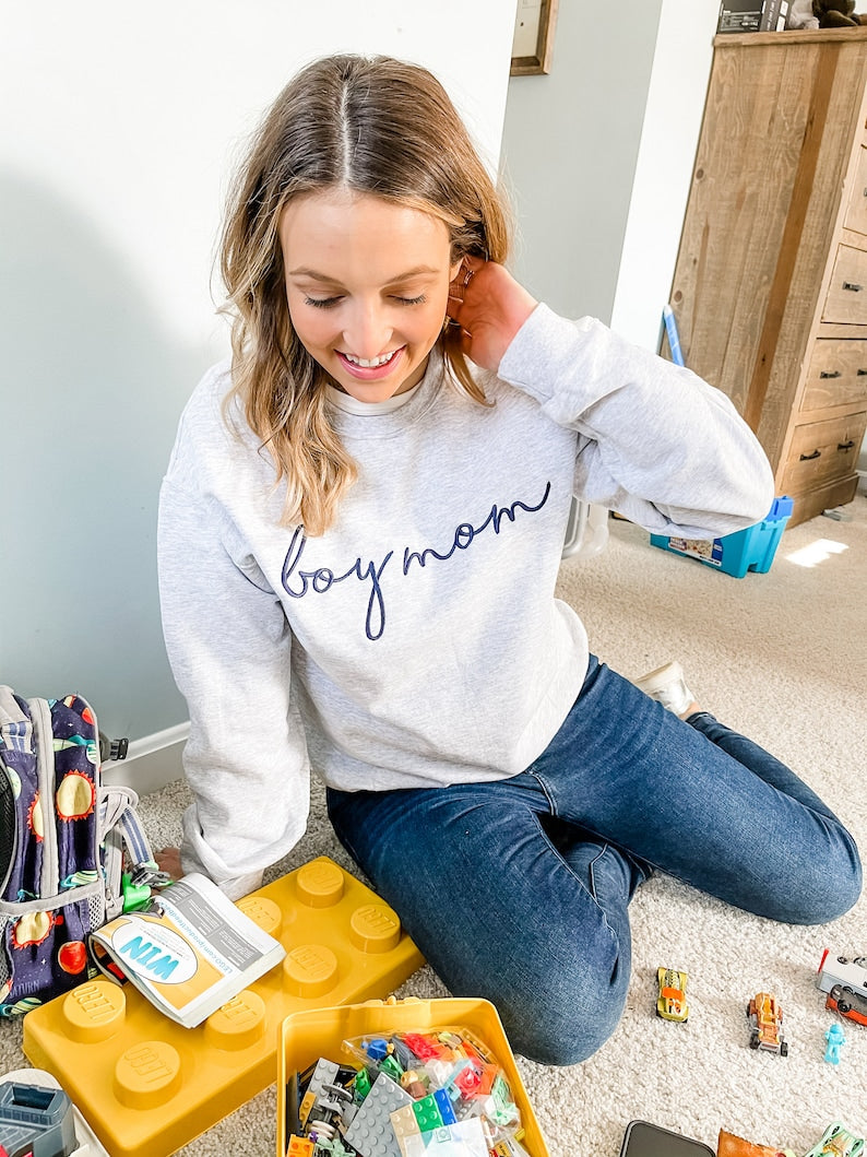 Boy Mom Personalized Crewneck Sweatshirt | Personalized Crew Neck Pullover | Embroidered Sweatshirt | Mother's Day Gift