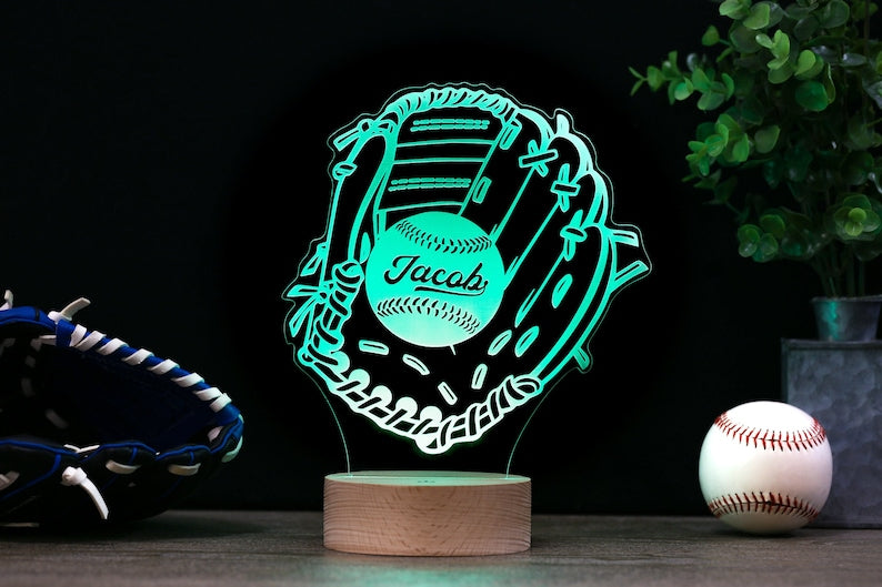 Baseball Glove LED Night Light, Kid's Glove & Ball Decor Lamp Birthday Gift, Coach Name Sign