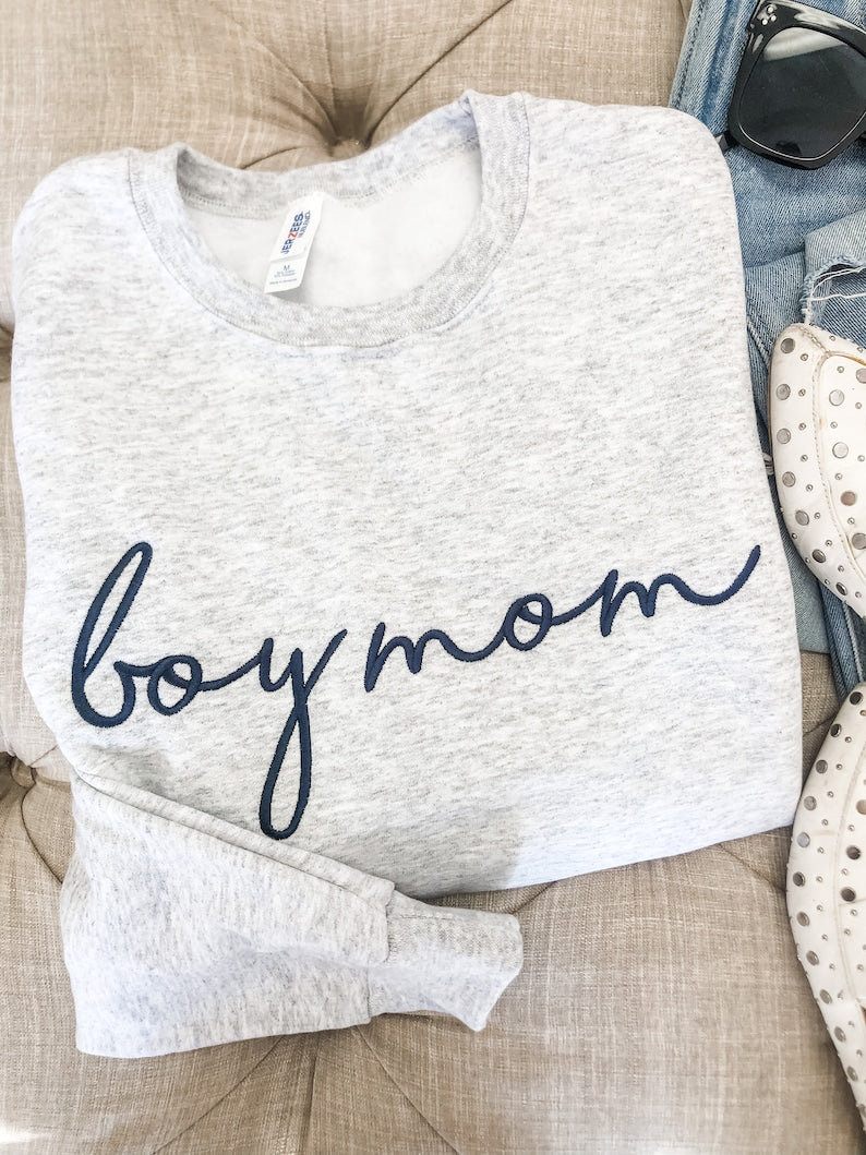 Boy Mom Personalized Crewneck Sweatshirt | Personalized Crew Neck Pullover | Embroidered Sweatshirt | Mother's Day Gift