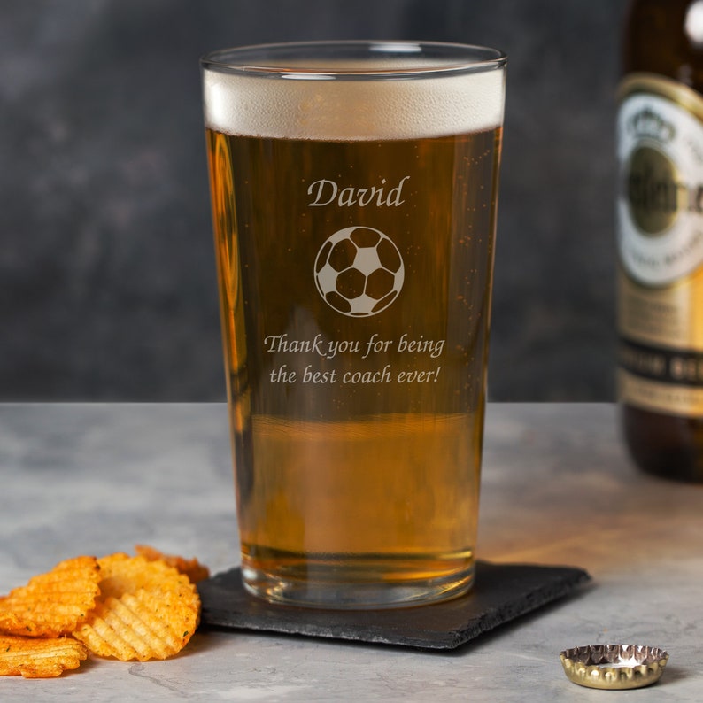 Personalised Pint Glass Football Design Gifts Ideas For Him Mens Boys Birthday Christmas Fathers Day Son Uncle Dad Awards Best Coach Manager