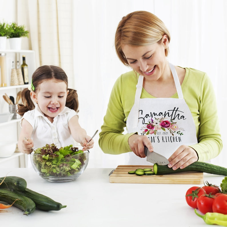 Personalized Floral Apron for Women w/ Pocket Adjustable Neck Custom Aprons Chef Gifts Grilling Apron Baking Gift, Mom, Daughter, Kitchen