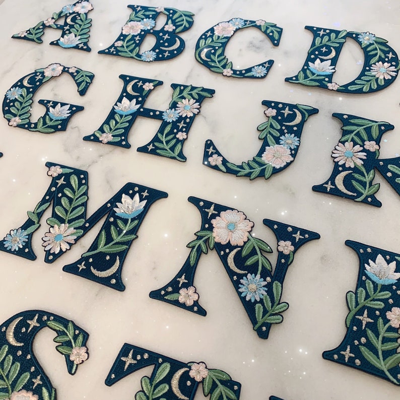 Botanical Letter Patches - Embroidered Applique Letters - Choose Your Letter or Initial! Flowers, Moon, & Stars Details! il_794xN.3034326862_mtuv.jpg